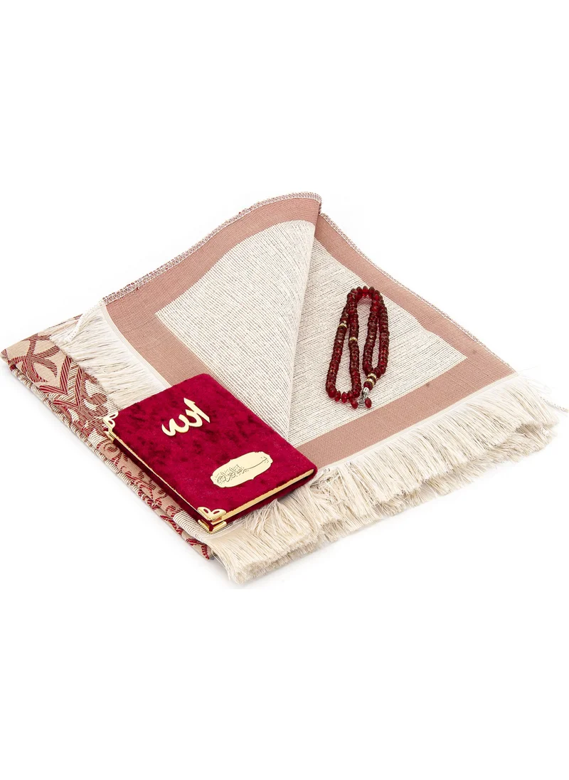 İhvan Online Pocket Size Velvet Yasin Book - Prayer Rug - Prayer Beads and Mawlid Gift with Transparent Box - Claret Red
