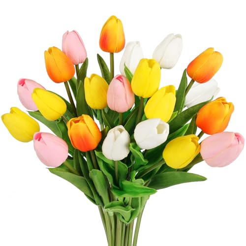 DEEMEI Tulips Artificial Flowers 20 Pcs Multicolor Fake Tulip Stems Real Touch PU Tulips for Easter Spring Wedding Bouquet Home Centerpiece Floral Arrangement Table Décor - Image 1