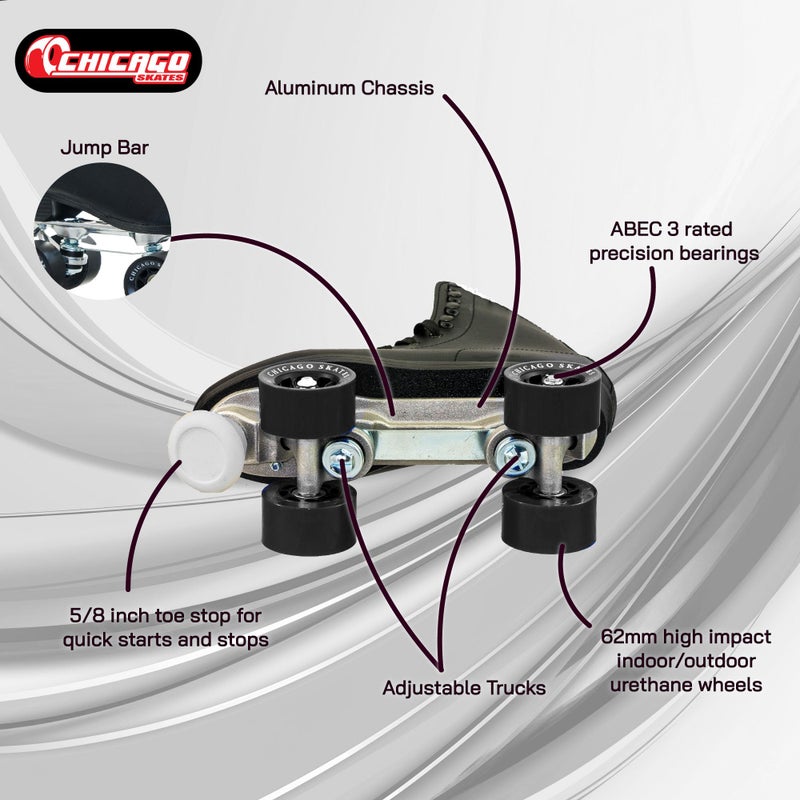 Chicago زلاجات شيكاغو للرجال مصنوعة من الجلد الفاخر - زلاجات كلاسيكية سوداء رباعية - مقاس 6 - Image 3