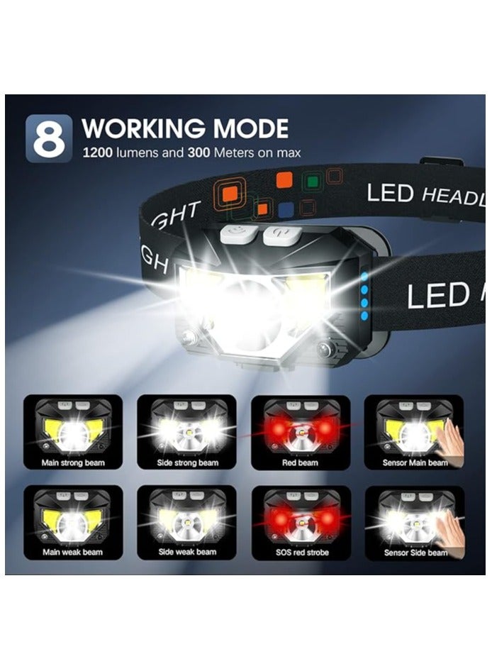 LHKNL Headlamp Flashlight, 1200 Lumen Ultra-Light Bright LED Rechargeable Headlight with White Red Light,2-Pack Waterproof Motion Sensor Head Lamp,8 Mode for Outdoor Camping Running Hiking Fishing - Image 4