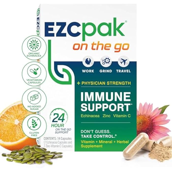 EZC Pak On The Go Immune System Booster with Echinacea, Vitamin C, Zinc, Immune Support Supplement, Immunity Vitamins for Adults, Travel-Friendly Packaging, Vegetarian, Gluten-Free - Image 1