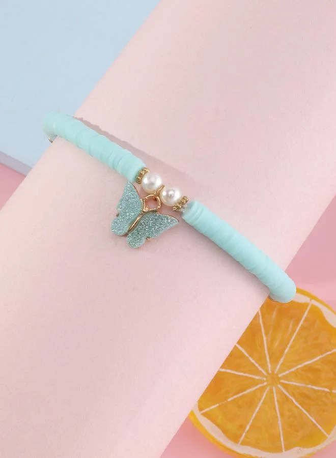 Take Two Girls Teal Sequin Butterfly Charm Beaded Bracelet