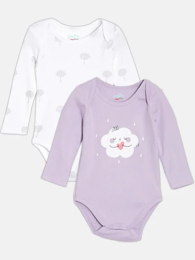 Broon Broon Infant Girls Purple and White Printed Pure Organic Cotton Bodysuit Pack of 2