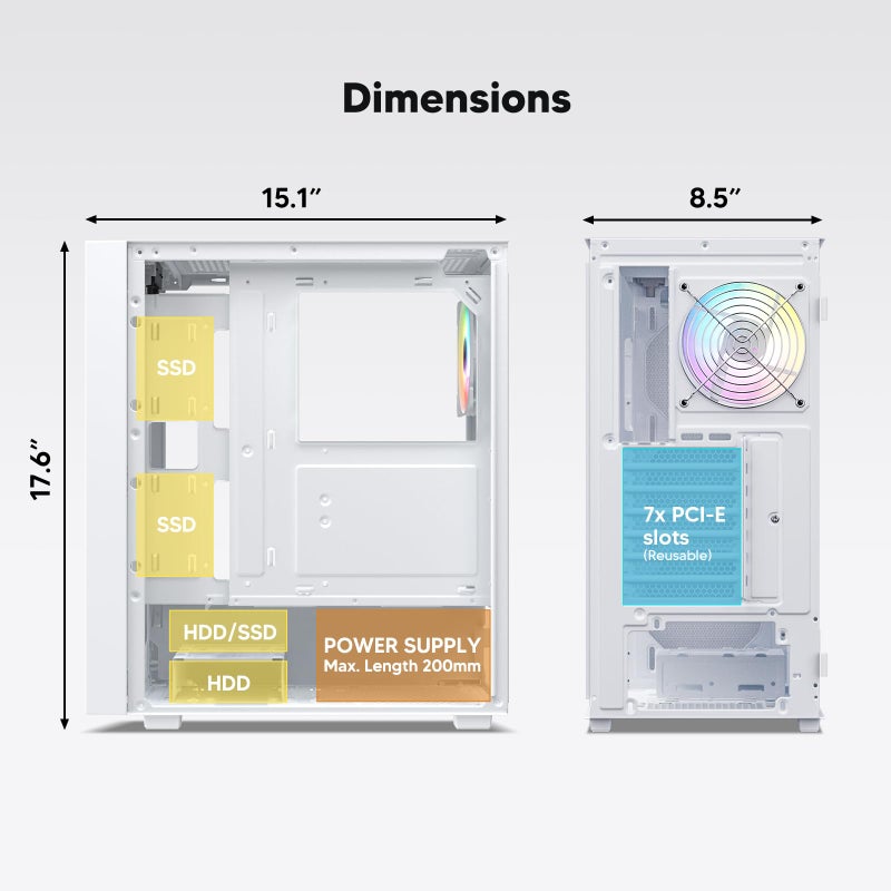 Vetroo AL800 Mid Tower ATX PC Computer Case - Door Opening Design Tempered Glass, Adjustable LED Strip, Pre-Installed ARGB & PWM FDB Fan in Rear, Support for 50 Series GPUs - White - Image 4