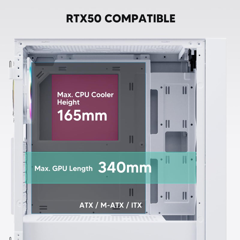 Vetroo AL800 Mid Tower ATX PC Computer Case - Door Opening Design Tempered Glass, Adjustable LED Strip, Pre-Installed ARGB & PWM FDB Fan in Rear, Support for 50 Series GPUs - White - Image 5