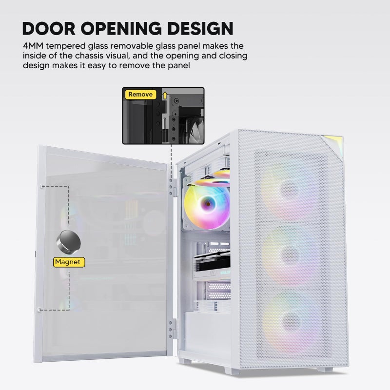 Vetroo AL800 Mid Tower ATX PC Computer Case - Door Opening Design Tempered Glass, Adjustable LED Strip, Pre-Installed ARGB & PWM FDB Fan in Rear, Support for 50 Series GPUs - White - Image 2