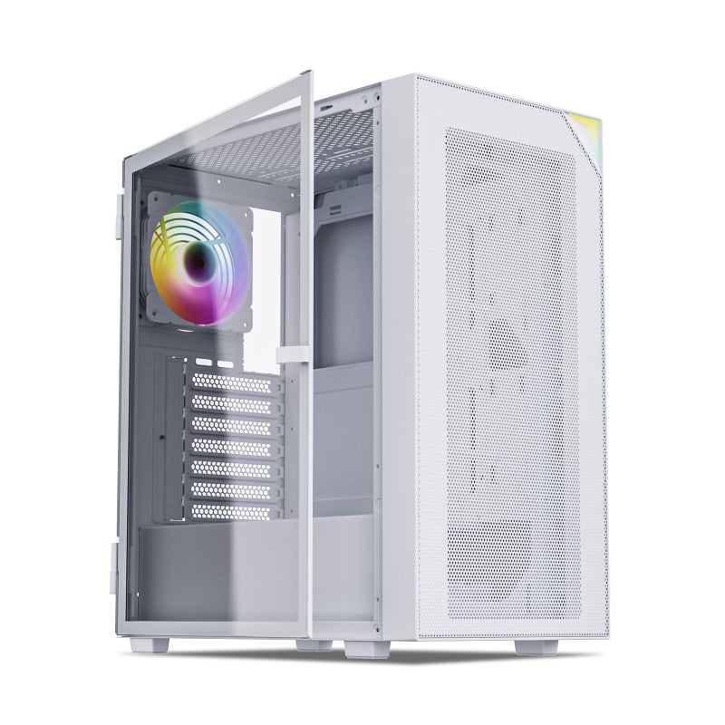 Vetroo AL800 Mid Tower ATX PC Computer Case - Door Opening Design Tempered Glass, Adjustable LED Strip, Pre-Installed ARGB & PWM FDB Fan in Rear, Support for 50 Series GPUs - White - Image 1