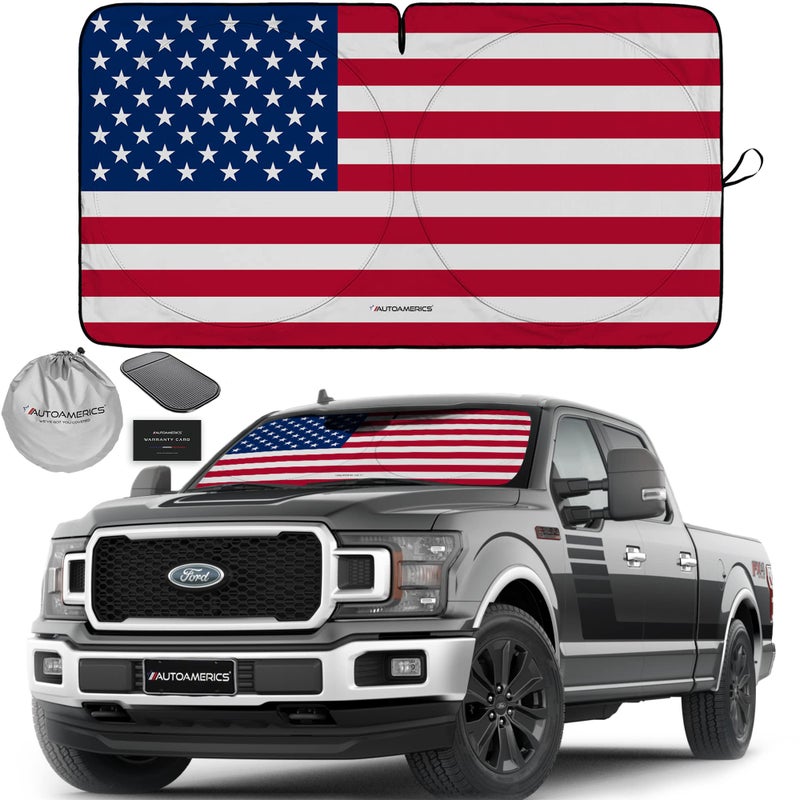 Autoamerics Truck Windshield Sun Shade with Storage Pouch & Anti-Slip Dash Pad - Foldable Original USA Flag Design - Fits Most SUVs & Trucks - Blocks UV Rays, Keeps Vehicle Cool | X-Large (66 x 36 in) - Image 1