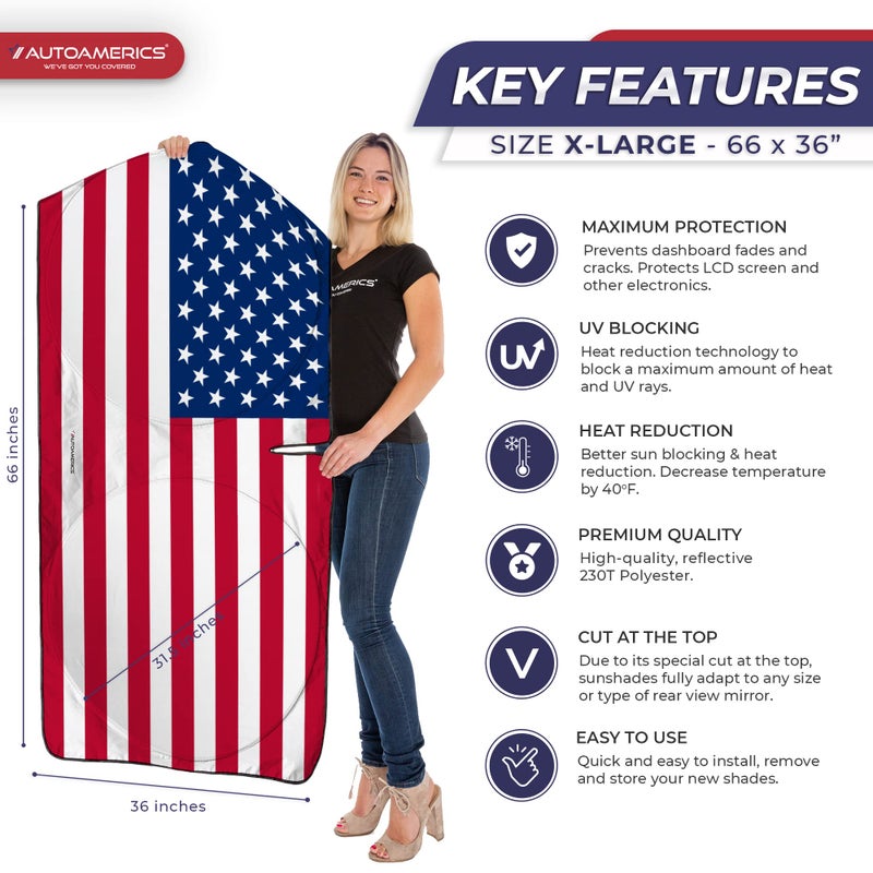 Autoamerics Truck Windshield Sun Shade with Storage Pouch & Anti-Slip Dash Pad - Foldable Original USA Flag Design - Fits Most SUVs & Trucks - Blocks UV Rays, Keeps Vehicle Cool | X-Large (66 x 36 in) - Image 2