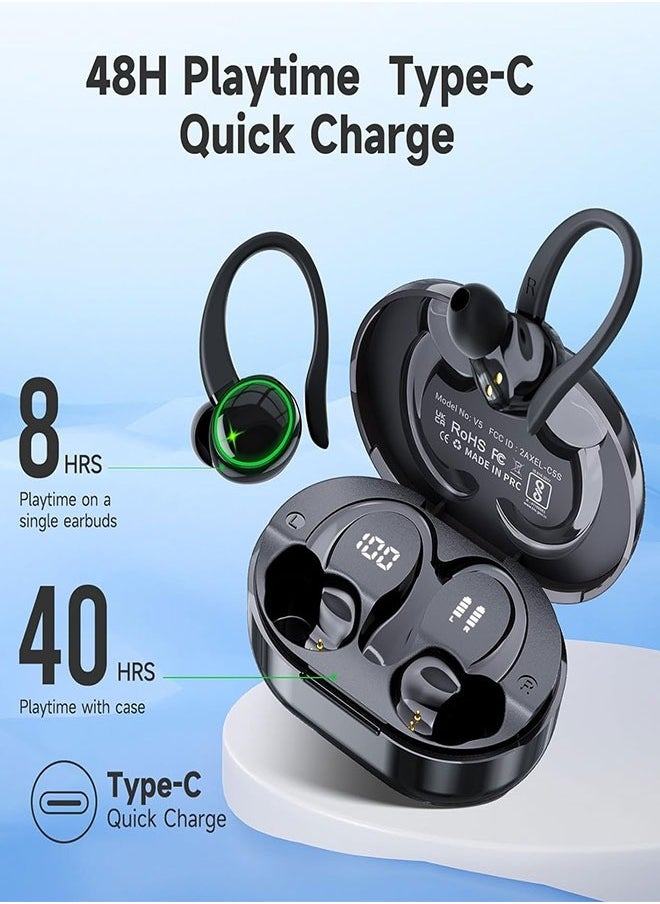 xozgdovg - C16 True Wireless Headphones, Bluetooth 5.3 TWS 3D Stereo with On-Ear Hooks, 48 Hours of Playback Time, Touch Controls with Dual LED Display, Built-in Microphone for Sports Running Workouts - Image 1