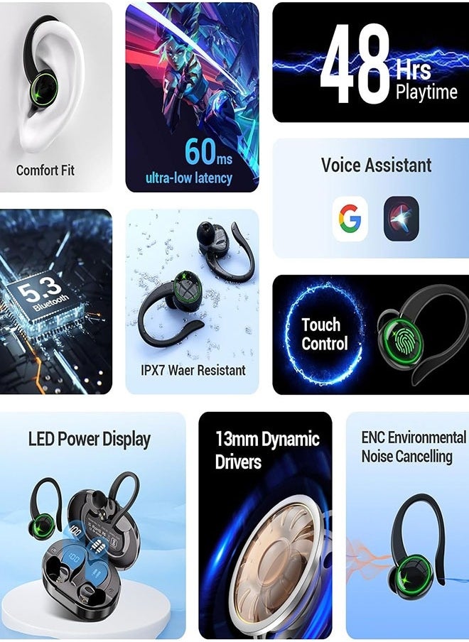 xozgdovg - C16 True Wireless Headphones, Bluetooth 5.3 TWS 3D Stereo with On-Ear Hooks, 48 Hours of Playback Time, Touch Controls with Dual LED Display, Built-in Microphone for Sports Running Workouts - Image 1