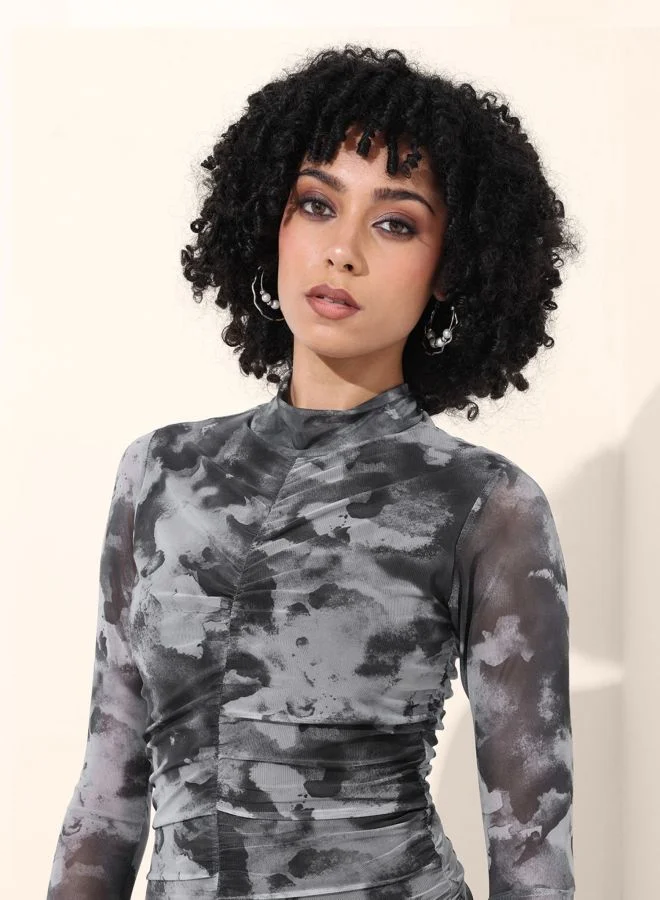 Freehand  Women Regular Fit Paint Splash High Neck Long Sleeve Gathered Dress for Women | Best Price UAE