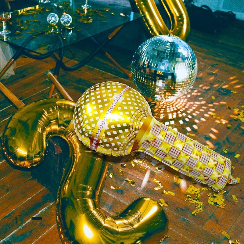 DEERMON Hip Hop Theme Gold Microphone Aluminum Foil Balloons, 4 Pack Inflatable Rock Star Blow up Microphone Balloon For Birthday Wedding Cosplay 80s 90s Musical Concert Themed Party Decoration - Image 3