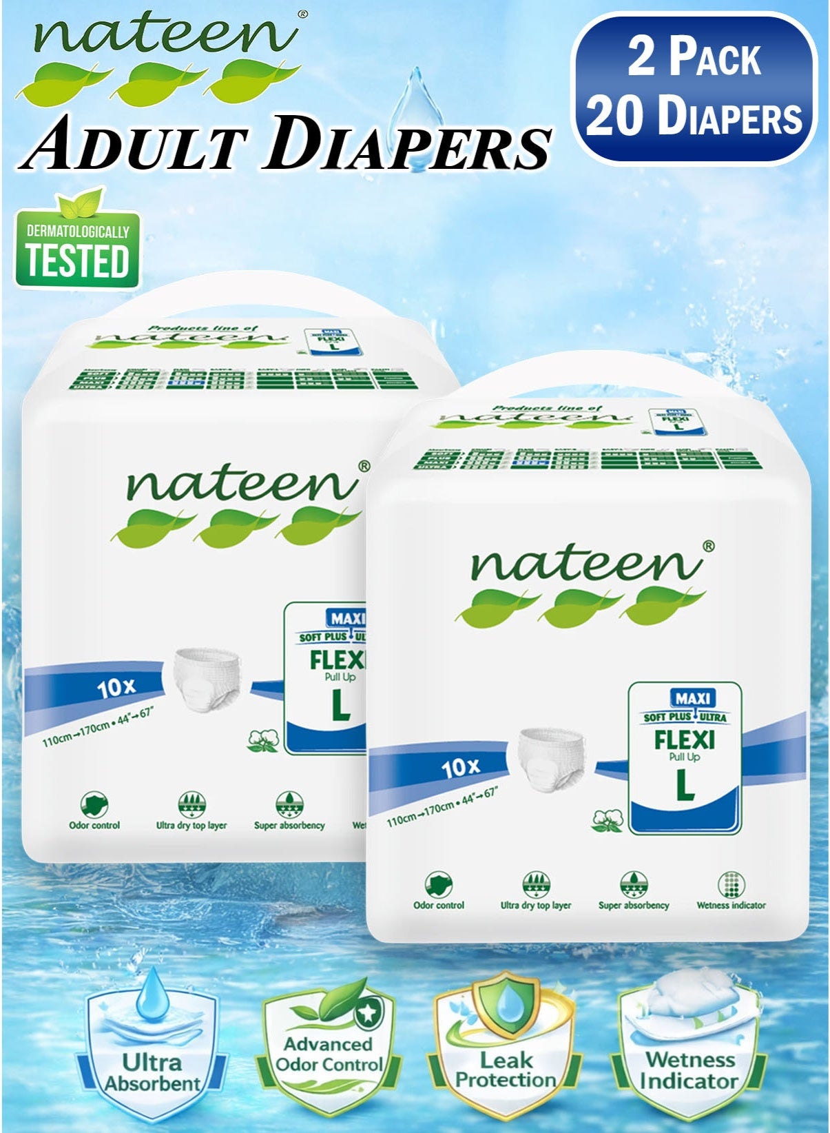 nateen 20 Count Pack of 2 Nateen Flexi Maxi Adult Diapers Pants Night Time Pull Up Large Size Waist 110-170cm Disposable Incontinence Underwear for Men & Women, Ultra Absorbent 3450ml Overnight Adult 