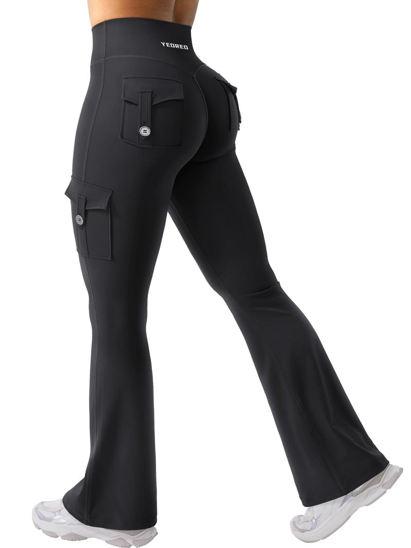 YEOREO CoreFlex Women Workout Flare Leggings with Pockets Hidden Scrunch High Waisted Cargo Gym Yoga No Front Seam Leggings (Black, 3X-Large, 30" Inseam) - Image 1