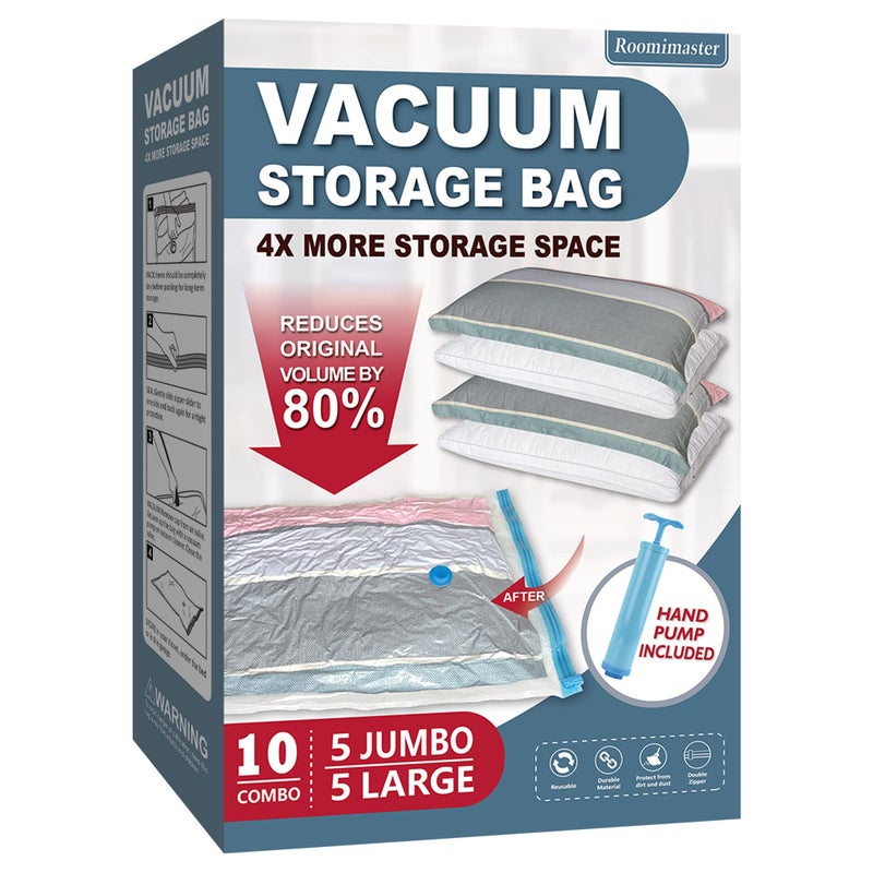 Roomimaster Vacuum Storage Bags, Vacuum Seal Space Saver Bags for Clothing, Travel Lugggage, Carry-on, Blankets, Comforters, Pillow, Bedding, 10 Combo - Image 1