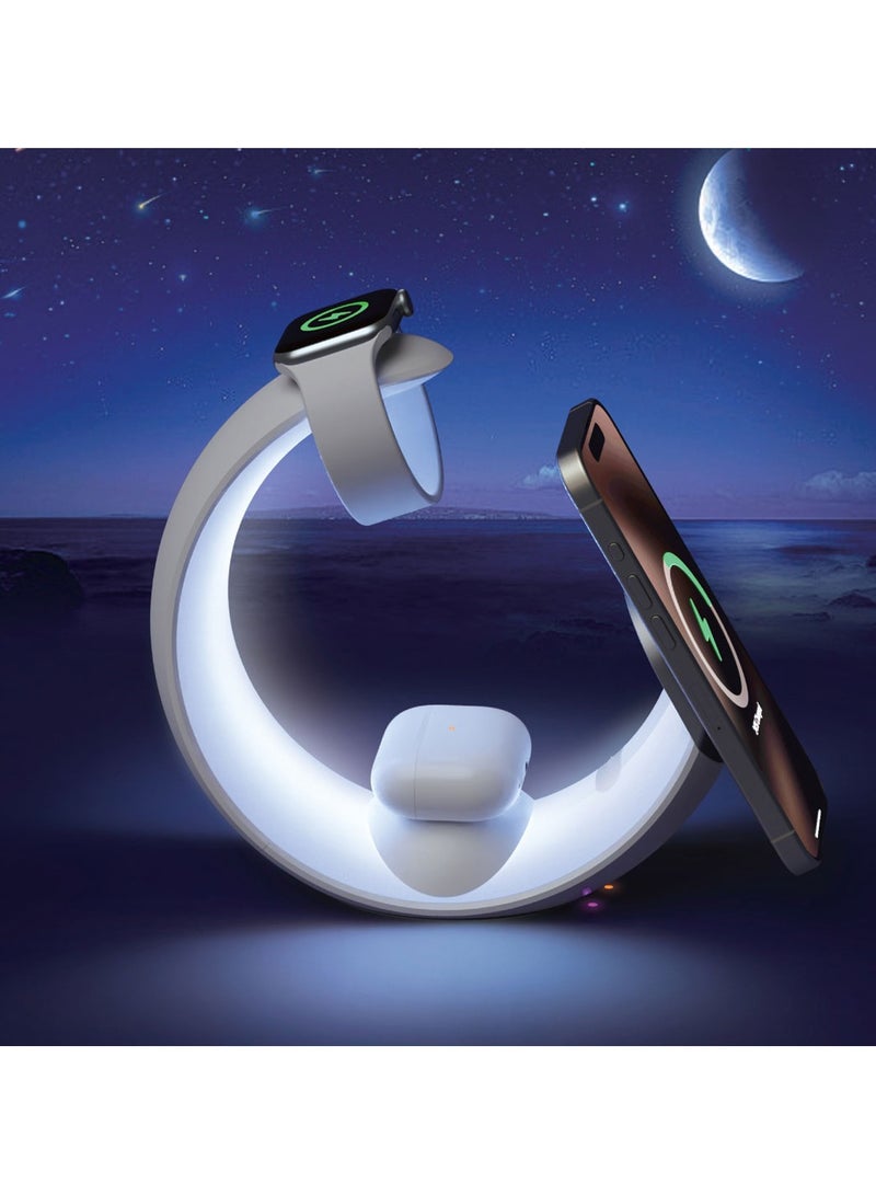 Green Lion Moon Charge 4 in 1 Wireless Charger with RGB Ambient Light, Fast Charging, Touch Sensor Switch, Over Voltage Protection - White - Image 1