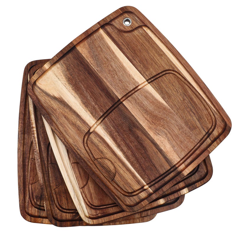 Uiifan 4 Pcs Steak Plates with Juice Channel Wooden Steak Board Set Acacia Cutting Serving Board for Home Serving Eating Meat Dishes Snack Dessert 13 x 11 x 06 Inch
