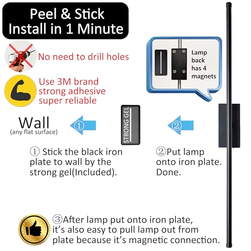 Reddragon lighting Easy Install Peel and Stick on Battery Operated Wall Sconces Set of 2 Rechargeable Magnetic Linear Wall Sconce Wireless Long Picture Vanity Wall Light for Living Room Bedroom 2 Pack 283 Black - Image 3