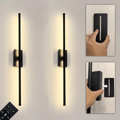 Reddragon lighting Easy Install Peel and Stick on Battery Operated Wall Sconces Set of 2 Rechargeable Magnetic Linear Wall Sconce Wireless Long Picture Vanity Wall Light for Living Room Bedroom 2 Pack 283 Black - Image 1