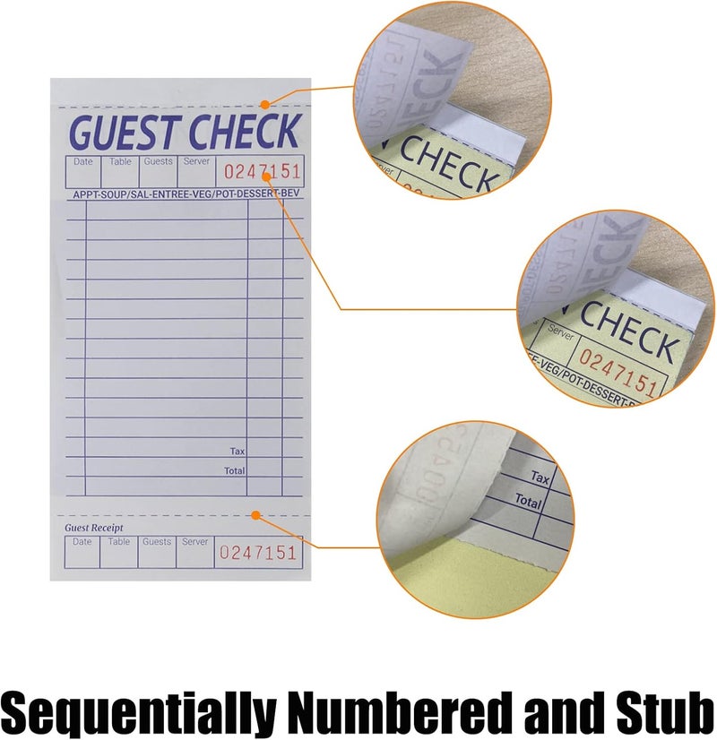 suituts [24 Books] Guest Checks Server Note Pads, 2-Part Carbonless Guest Check Pads Order Pads for Restaurants, Server, Waitress, 50 Sheets Per Server Pads Total 1200, Extra 6 Clips - Image 5