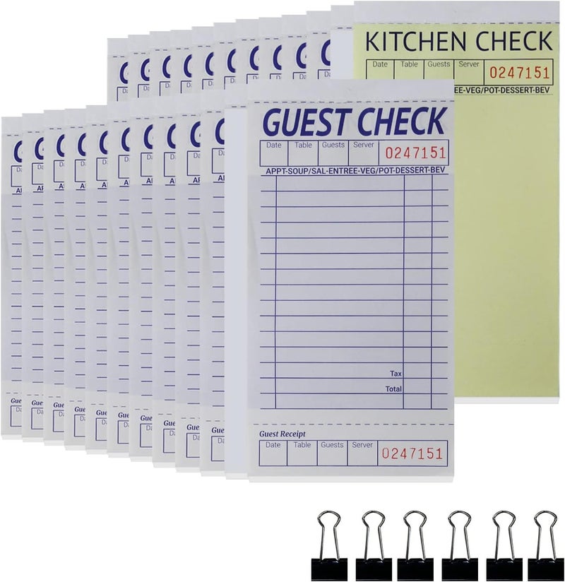suituts [24 Books] Guest Checks Server Note Pads, 2-Part Carbonless Guest Check Pads Order Pads for Restaurants, Server, Waitress, 50 Sheets Per Server Pads Total 1200, Extra 6 Clips - Image 1