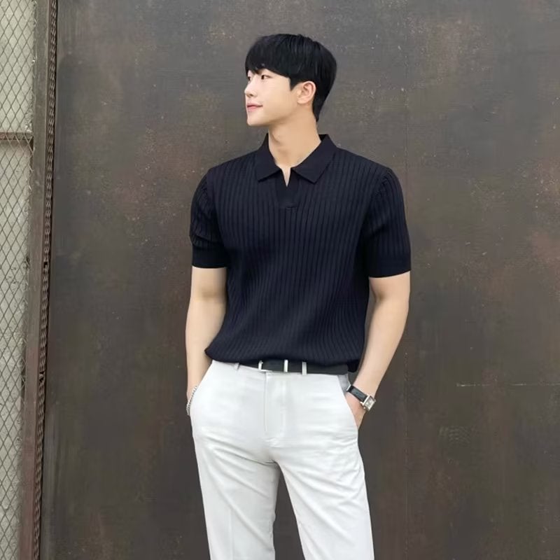 Men's Short Sleeve Polo Shirt Casual Knit Turn Collar Slim Fit High Quality Top - Image 2