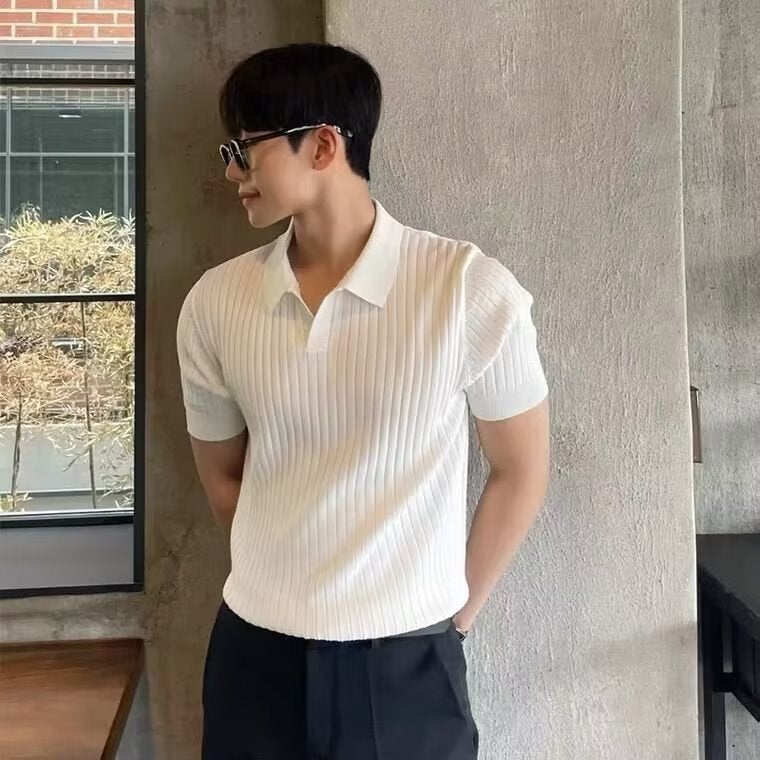 Men's Short Sleeve Polo Shirt Casual Knit Turn Collar Slim Fit High Quality Top - Image 3