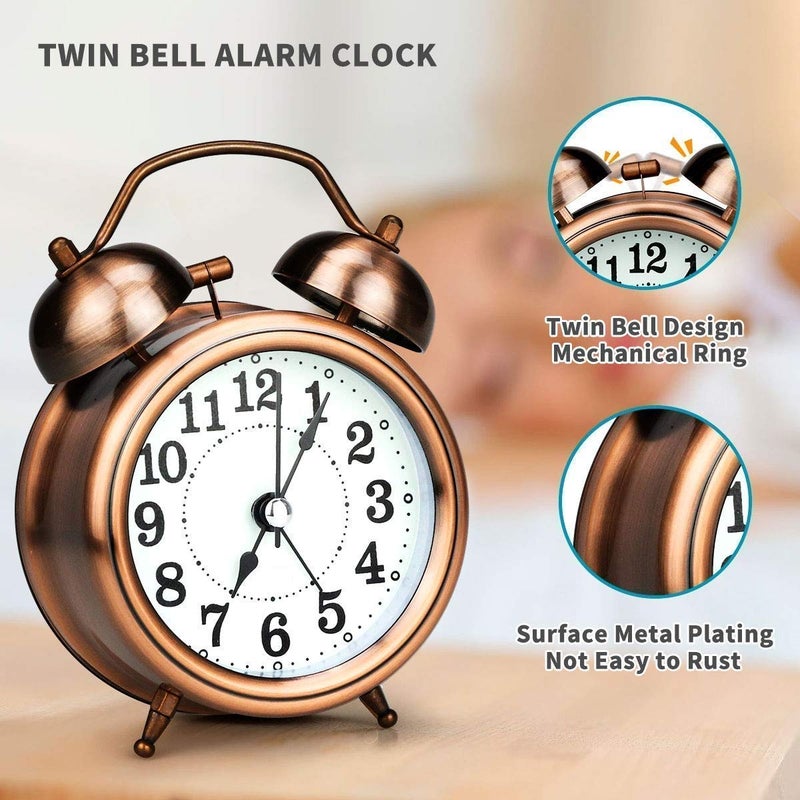 Wryer WRYER Copper Vintage Twin Bell Table Top Alarm Clock with Night LED Light Display for Heavy Sleepers Kids and Students - Image 3