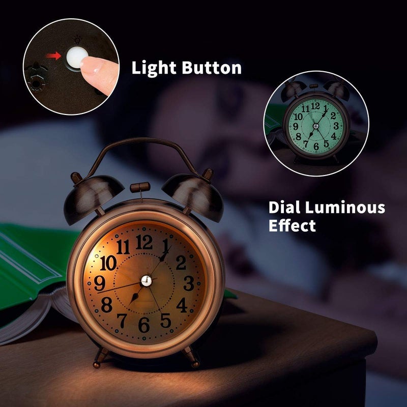 Wryer WRYER Copper Vintage Twin Bell Table Top Alarm Clock with Night LED Light Display for Heavy Sleepers Kids and Students - Image 4