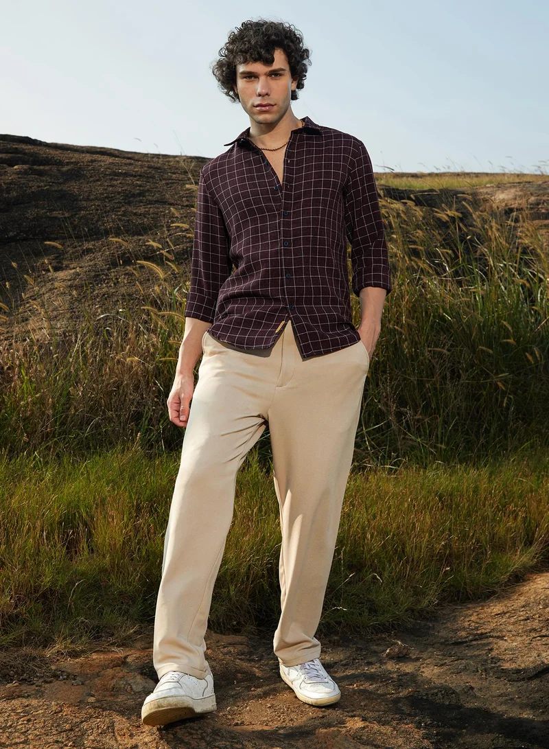 Campus Sutra Men's Mocha Brown Graph-Check Shirt