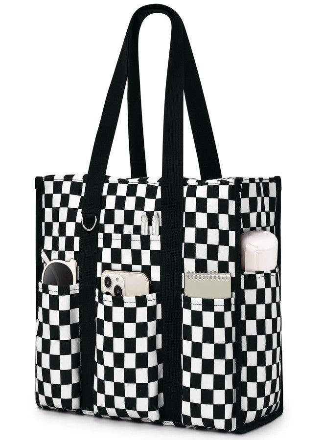 Becokan Large Tote Bag for Women Waterproof with 12 Pockets Top Zipper Closure Utility Teacher Nurse Bags for Work School, Black White Checkerboard, Large - Image 1