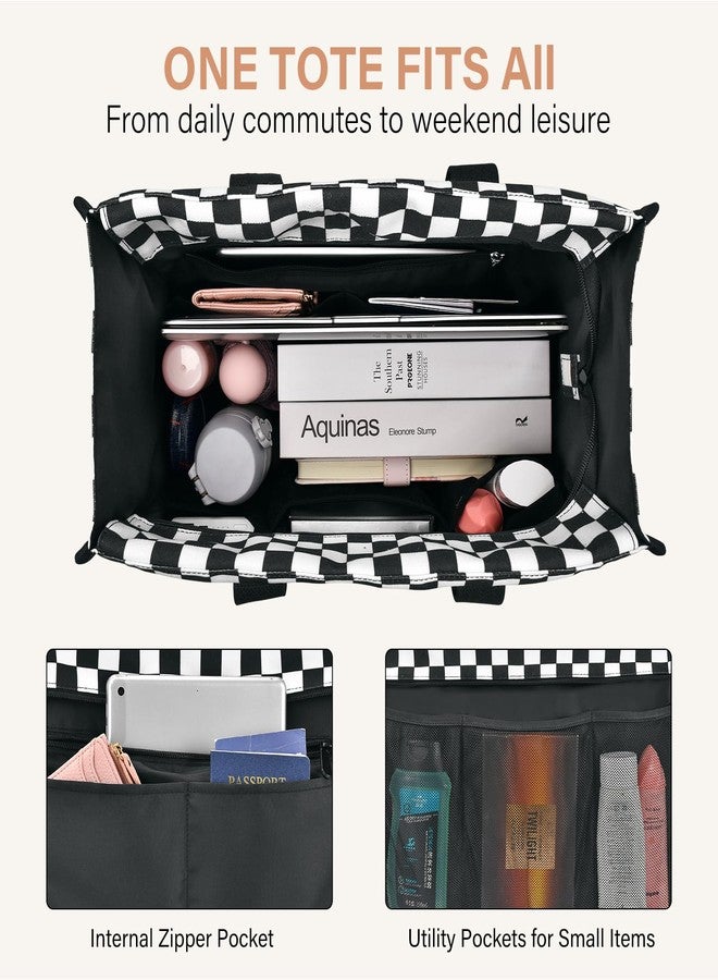 Becokan Large Tote Bag for Women Waterproof with 12 Pockets Top Zipper Closure Utility Teacher Nurse Bags for Work School, Black White Checkerboard, Large - Image 3