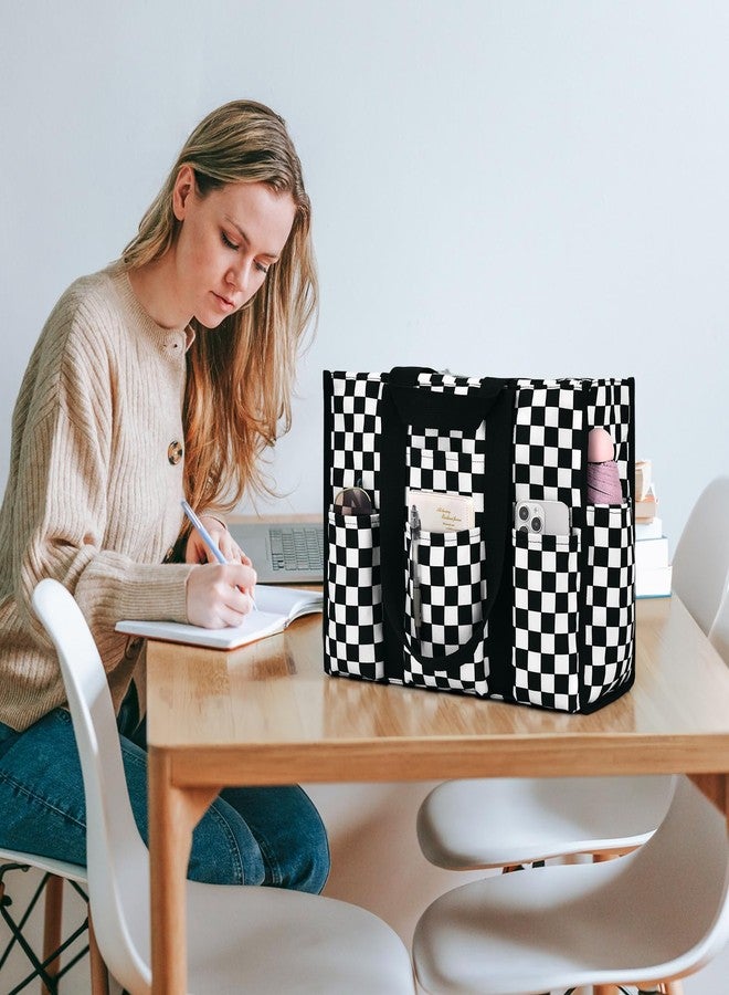 Becokan Large Tote Bag for Women Waterproof with 12 Pockets Top Zipper Closure Utility Teacher Nurse Bags for Work School, Black White Checkerboard, Large - Image 2
