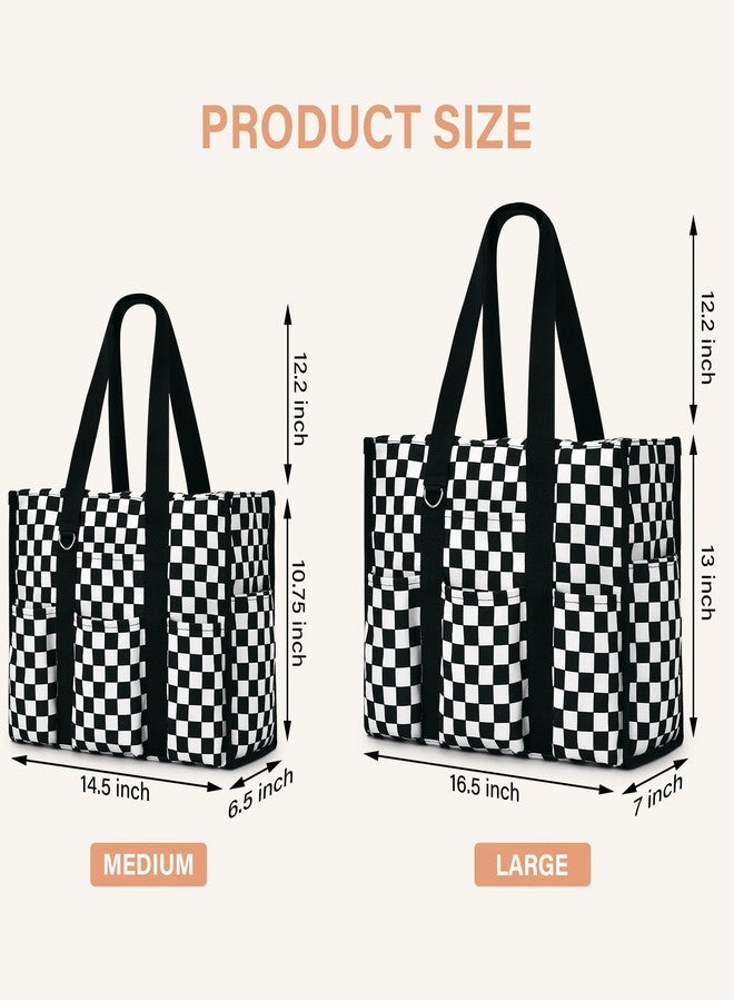 Becokan Large Tote Bag for Women Waterproof with 12 Pockets Top Zipper Closure Utility Teacher Nurse Bags for Work School, Black White Checkerboard, Large - Image 5