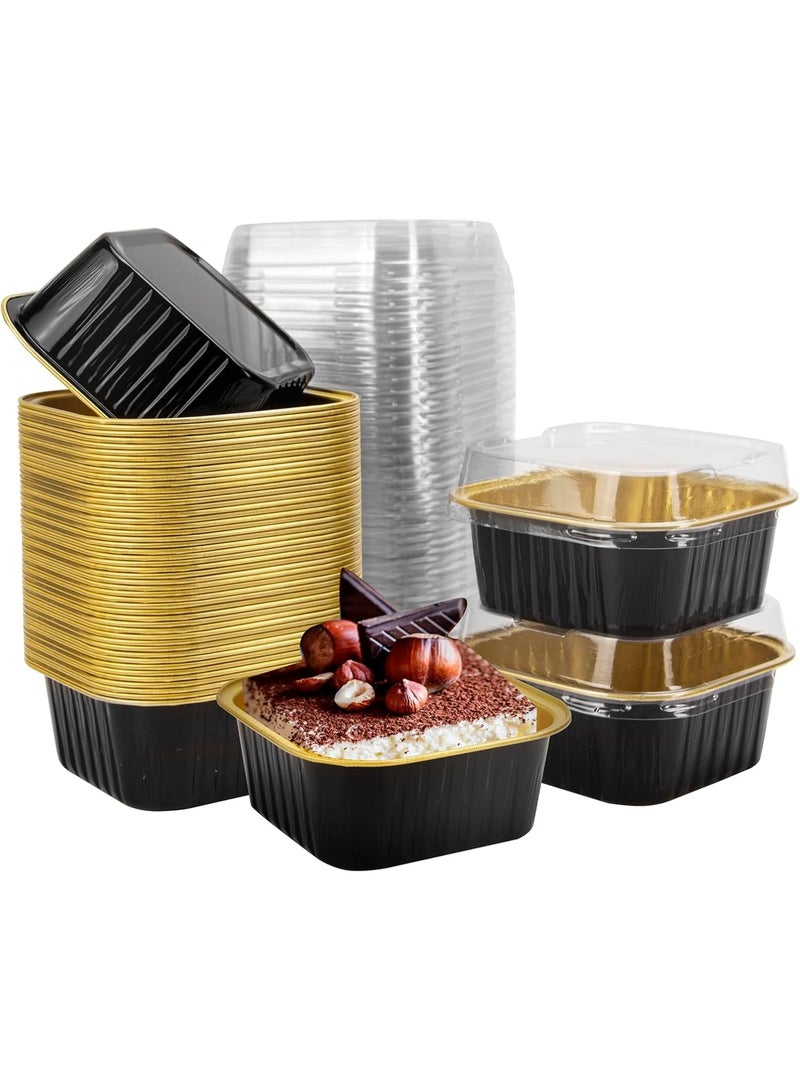 Soofam 50 Pcs Mini Square Baking Cups with Lids,5oz Aluminum Foil Mini Cake Pans with Lids,Disposable Ramekins Cake Pans,150ml Dessert Cups Cupcake Pans for Wedding Birthday Party,Black Gold - Image 1