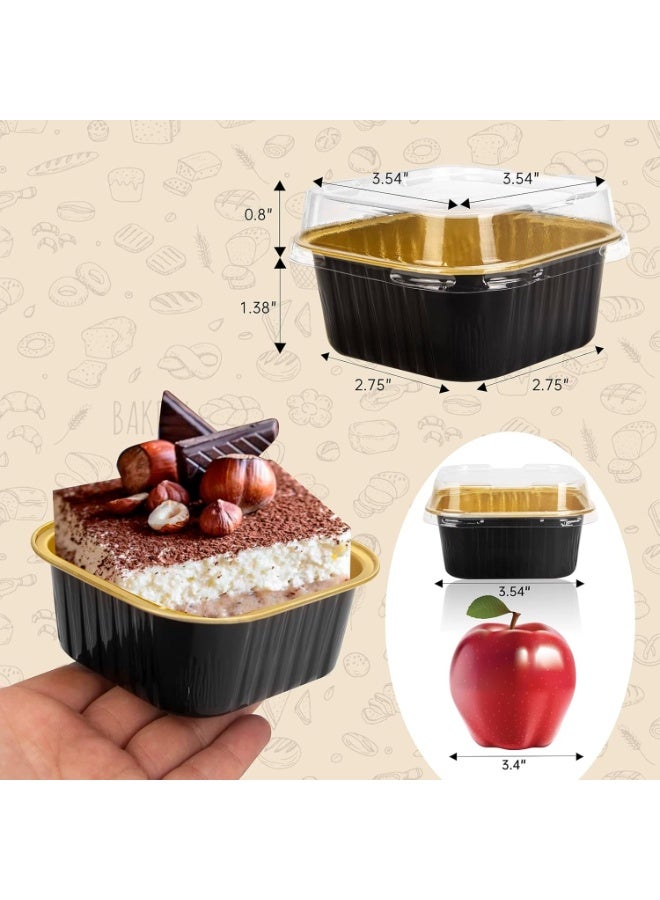 Soofam 50 Pcs Mini Square Baking Cups with Lids,5oz Aluminum Foil Mini Cake Pans with Lids,Disposable Ramekins Cake Pans,150ml Dessert Cups Cupcake Pans for Wedding Birthday Party,Black Gold - Image 3
