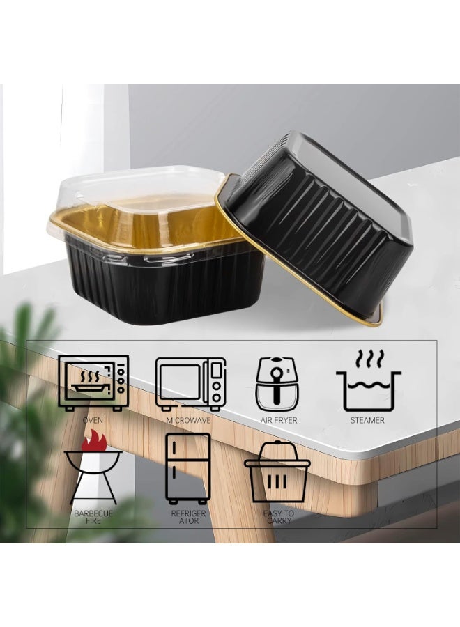 Soofam 50 Pcs Mini Square Baking Cups with Lids,5oz Aluminum Foil Mini Cake Pans with Lids,Disposable Ramekins Cake Pans,150ml Dessert Cups Cupcake Pans for Wedding Birthday Party,Black Gold - Image 4