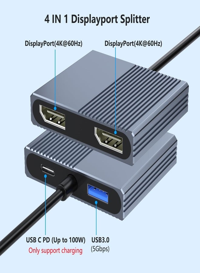 Aibilangose Display Port Splitter for Dual Monitors, 4K@60Hz USB C to Dual DisplayPort Adapter for Dell/HP/Mac Laptops, Type C to Display Port Multiport with USB3.0/PD, Dual Monitor Adapter, Displayport MST Hub - Image 2