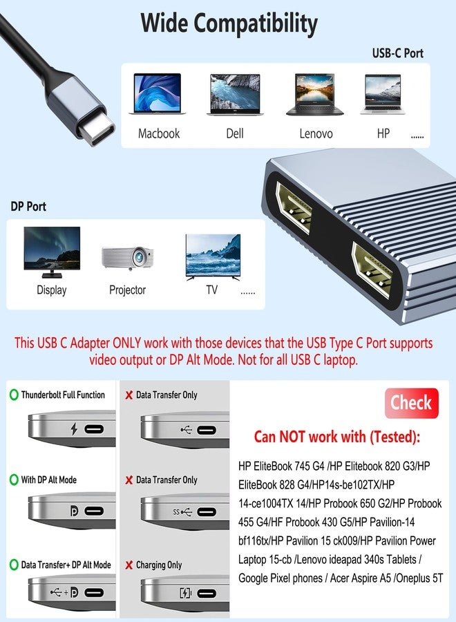 Aibilangose Display Port Splitter for Dual Monitors, 4K@60Hz USB C to Dual DisplayPort Adapter for Dell/HP/Mac Laptops, Type C to Display Port Multiport with USB3.0/PD, Dual Monitor Adapter, Displayport MST Hub - Image 5