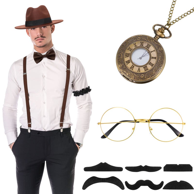 SATINIOR 1920s Old Men Costume Roaring Retro Accessories Set Gangster Hat Bow Tie Pocket Watch Suspender Glass Beard Tie Clip(Brown, Simple Style) - Image 2