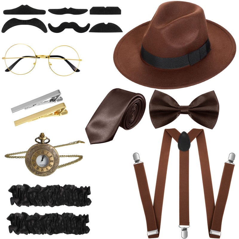 SATINIOR 1920s Old Men Costume Roaring Retro Accessories Set Gangster Hat Bow Tie Pocket Watch Suspender Glass Beard Tie Clip(Brown, Simple Style) - Image 1