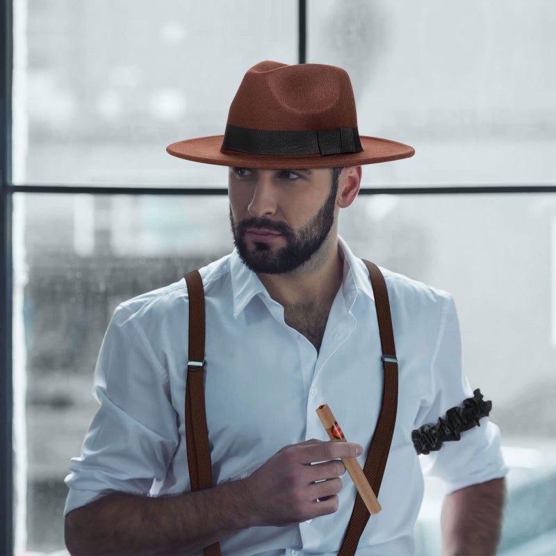 SATINIOR 1920s Old Men Costume Roaring Retro Accessories Set Gangster Hat Bow Tie Pocket Watch Suspender Glass Beard Tie Clip(Brown, Simple Style) - Image 4