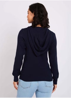 Premoda WomenPullover Flat Knit Hoodie Navy  - Image 4