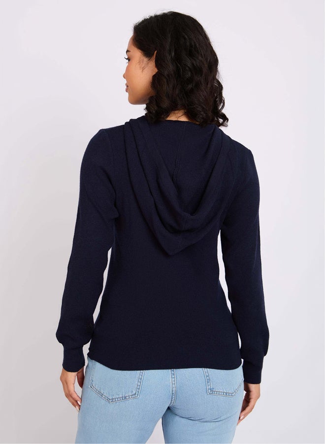 Premoda WomenPullover Flat Knit Hoodie Navy  - Image 4