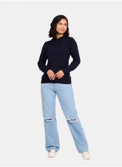 Premoda WomenPullover Flat Knit Hoodie Navy  - Image 1