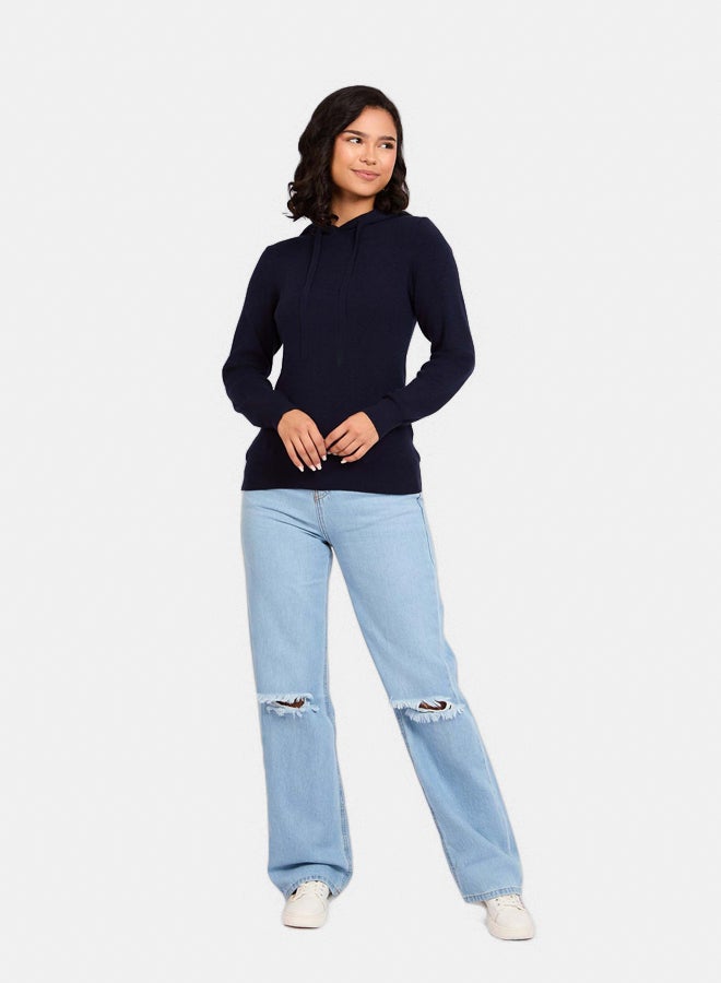 Premoda WomenPullover Flat Knit Hoodie Navy  - Image 1