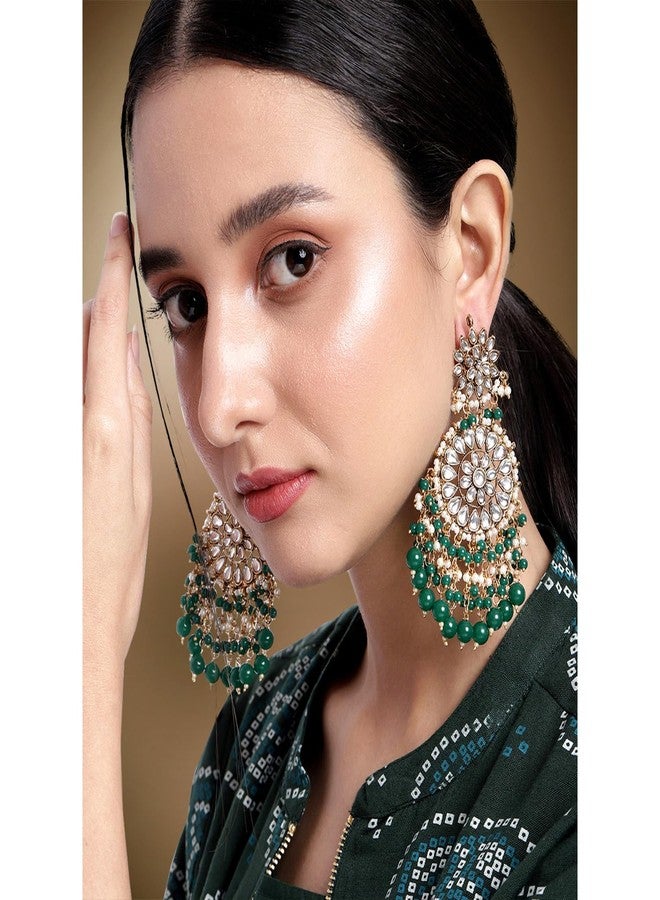 Peora Traditional Gold-Plated Brass & Kundan Dangle Earrings For Women & Girls, Green - Image 2