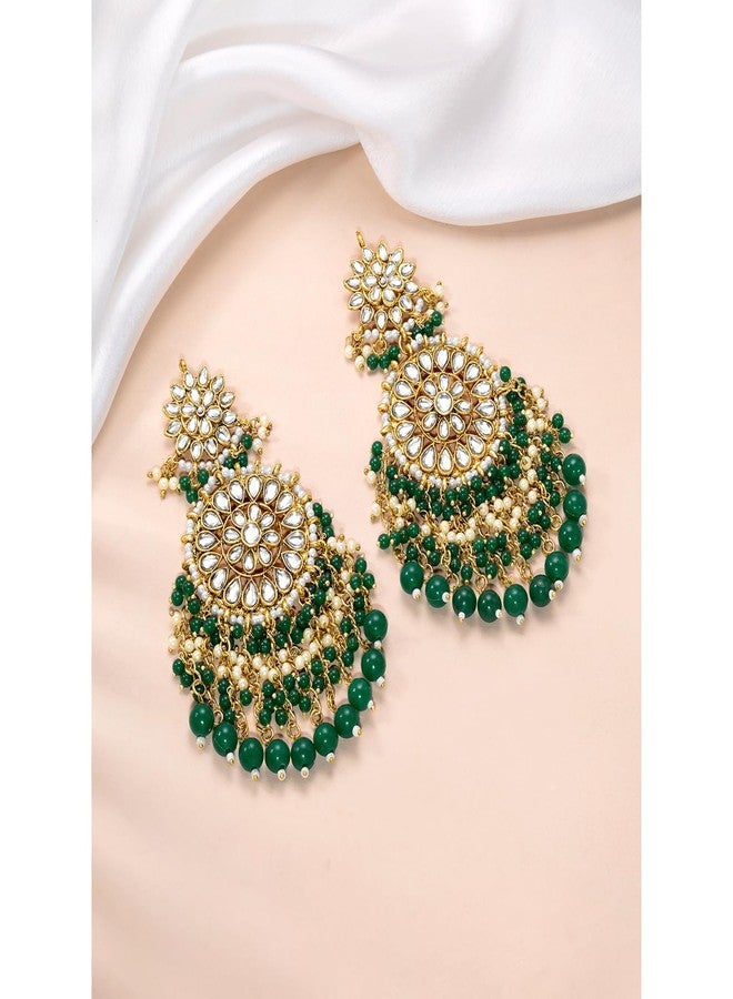 Peora Traditional Gold-Plated Brass & Kundan Dangle Earrings For Women & Girls, Green - Image 3