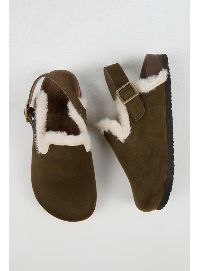 no miento Lapaz Fur Women's Vegan Leather Buckle Khaki Sabo Slipper. - Image 3